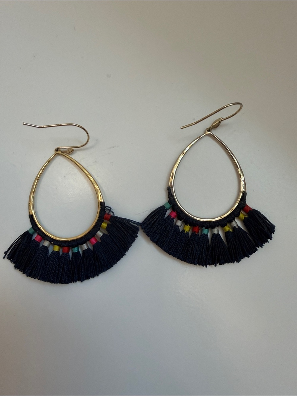 Stella & Dot Gold Teardrop Earrings with Navy Fringe and Multicolor Beads